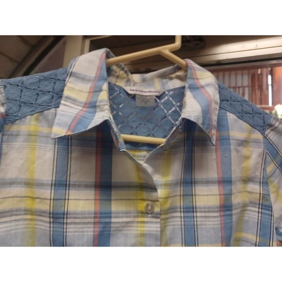 Allison Daley Women's Blouse SZ 8 Blue Plaid with Lace - Picture 2 of 4